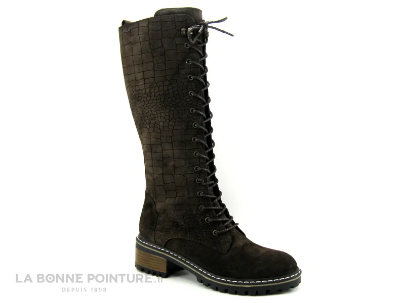 Achat chaussures Elue par Nous Femme Botte, vente Elue par Nous KOFOUR Marron velours croco - Botte lacet Femme