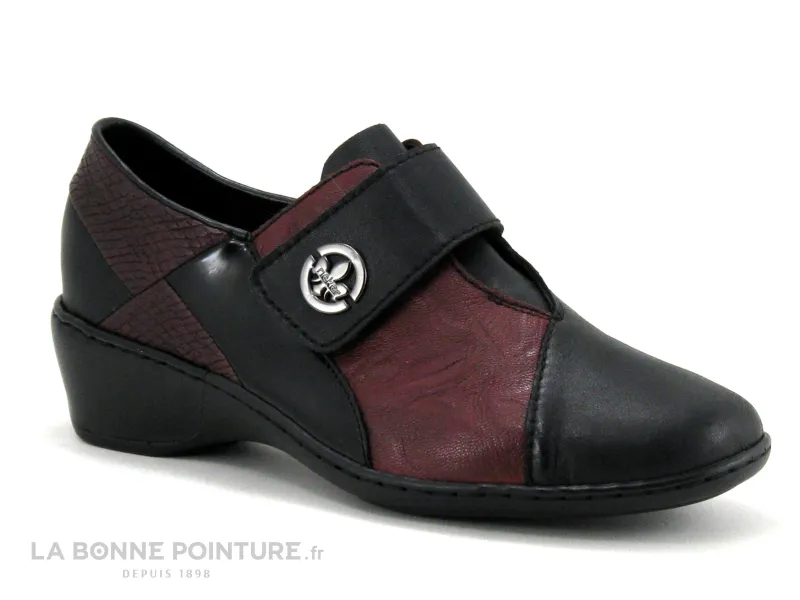 Achat chaussures Rieker Femme Chaussure basse / Derby, vente Rieker 47161-00 - Escarpin avec bride velcro - Noir et bordeaux