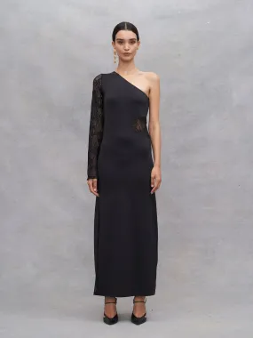 ASTRÉE - Robe longue ajustée asymétrique jersey et dentelle Noir