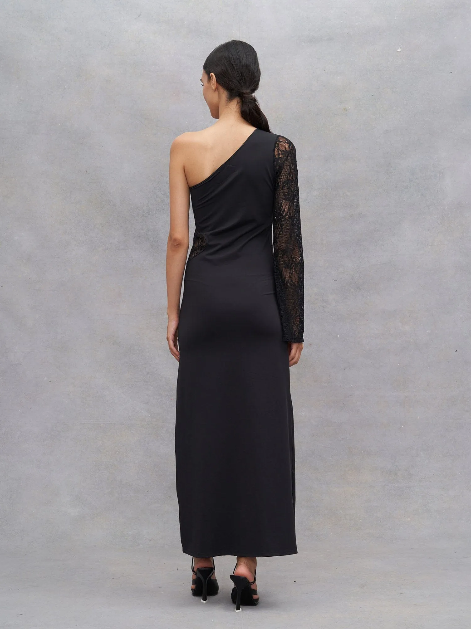 ASTRÉE - Robe longue ajustée asymétrique jersey et dentelle Noir