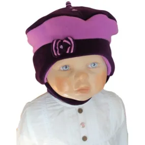 BERET PETITE FILLE Coloris  aubergine et lilas parme. Forme fleur Cache-oreilles avec cordons en Velours et Polaire