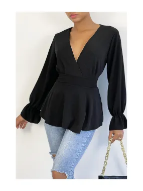 Blouse cache-coeur pailletée noire à volants