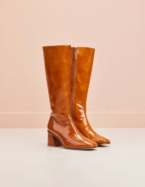 Bottes Lisette - Cuir plissé verni cognac