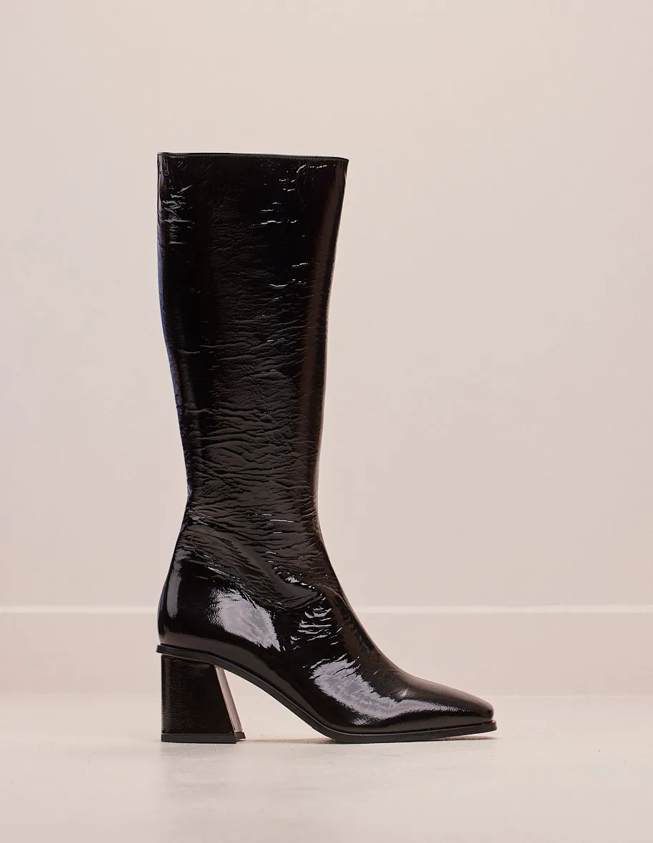 Bottes Lisette - Cuir plissé verni noir