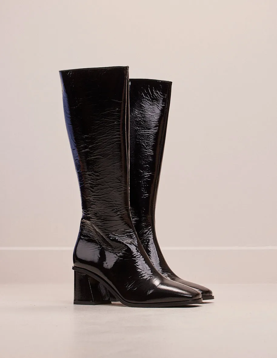 Bottes Lisette - Cuir plissé verni noir