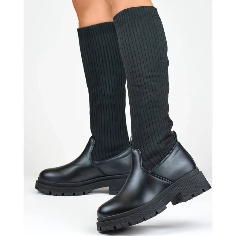 Bottes noires pour femmes avec tige élastique, bottes chaussettes pour femmes le noir