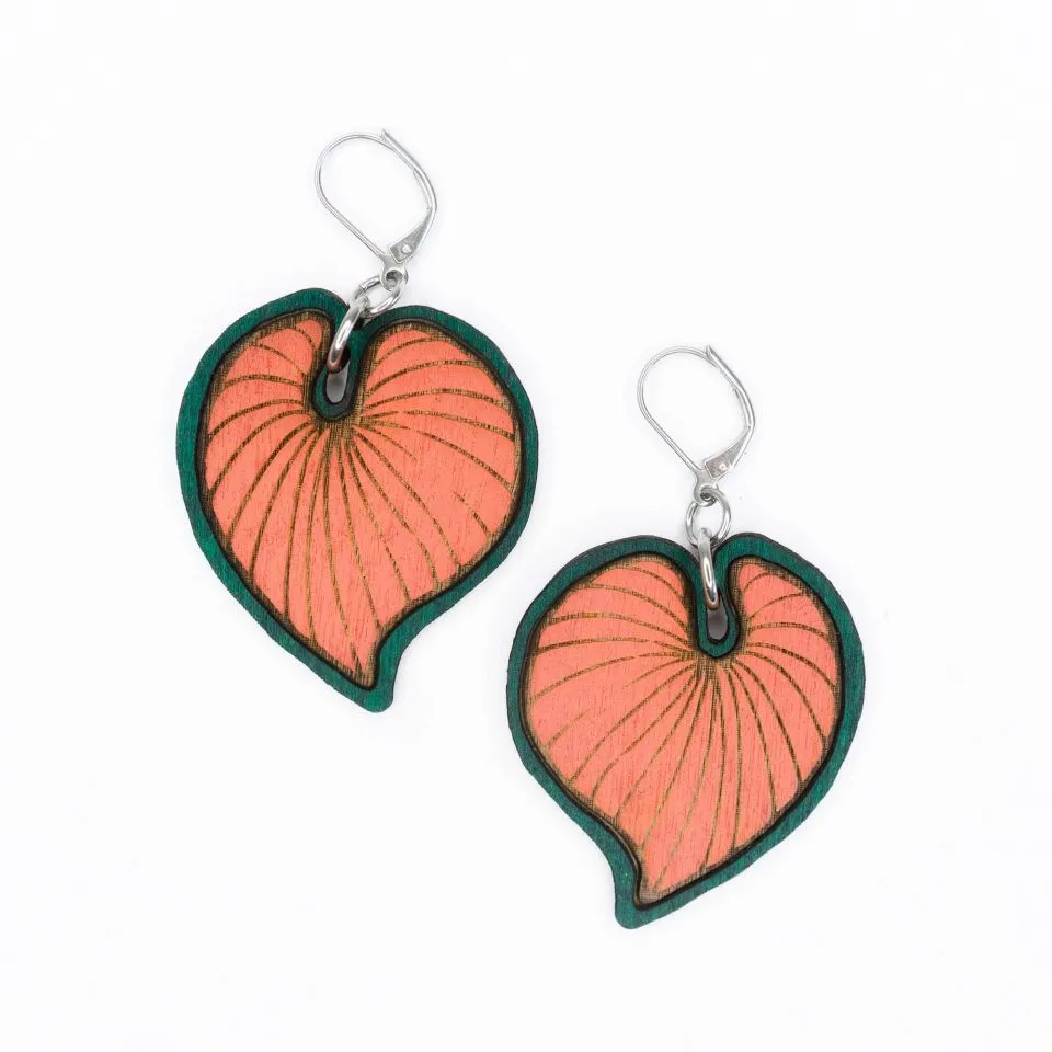 Boucles d'oreilles Colocasia Émeraude et corail