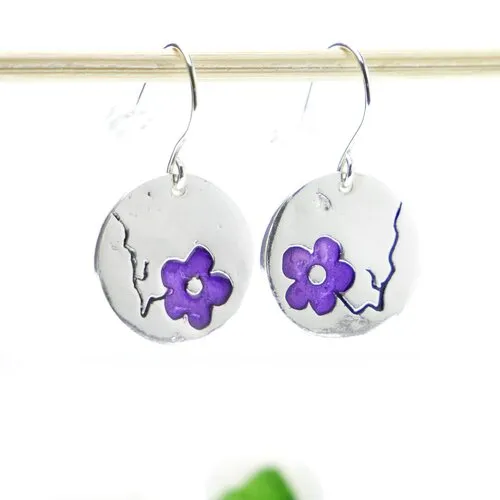 Boucles d'oreilles en argent 925/1000 rondes fleur de cerisier violette pendantes