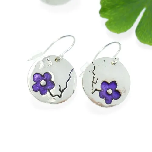 Boucles d'oreilles en argent 925/1000 rondes fleur de cerisier violette pendantes