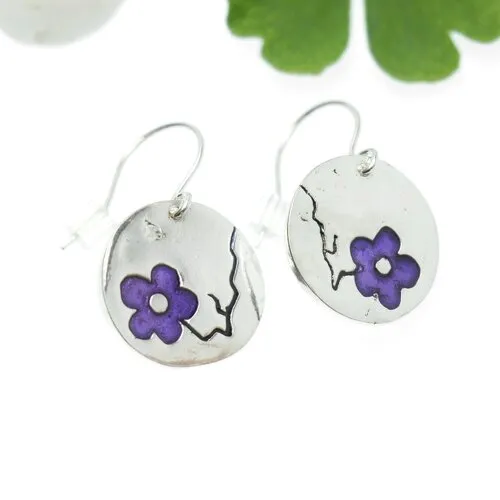 Boucles d'oreilles en argent 925/1000 rondes fleur de cerisier violette pendantes