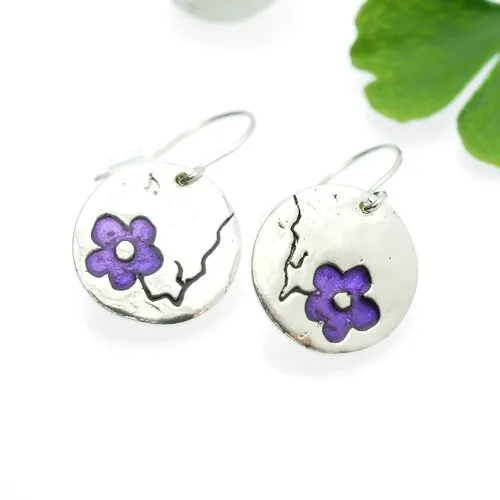 Boucles d'oreilles en argent 925/1000 rondes fleur de cerisier violette pendantes