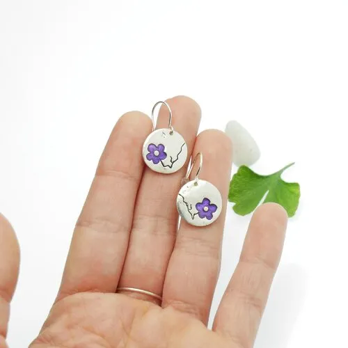 Boucles d'oreilles en argent 925/1000 rondes fleur de cerisier violette pendantes