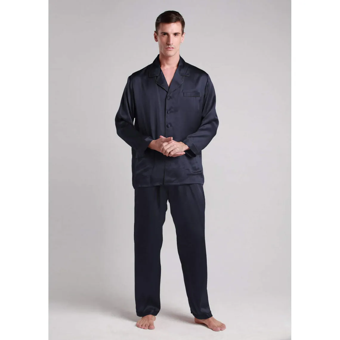 Ensemble De Pyjama En Soie Longue Bordure Contraste Pour Homme bleu marine | 3 Suisses