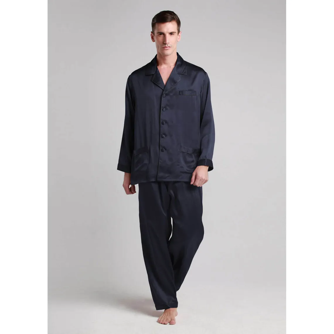 Ensemble De Pyjama En Soie Longue Bordure Contraste Pour Homme bleu marine | 3 Suisses