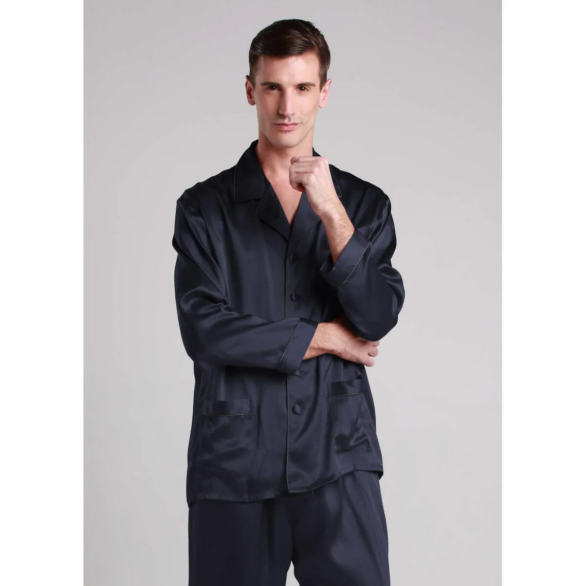 Ensemble De Pyjama En Soie Longue Bordure Contraste Pour Homme bleu marine | 3 Suisses