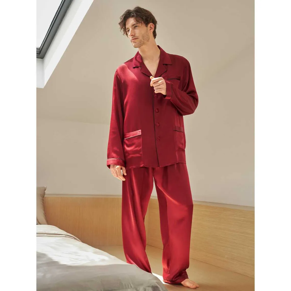 Ensemble De Pyjama En Soie Longue Bordure Contraste Pour Homme rouge | 3 Suisses