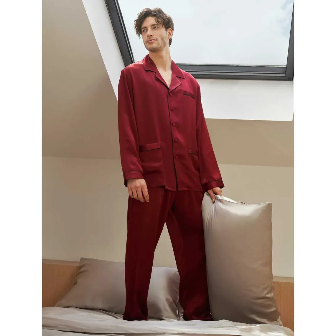 Ensemble De Pyjama En Soie Longue Bordure Contraste Pour Homme rouge | 3 Suisses