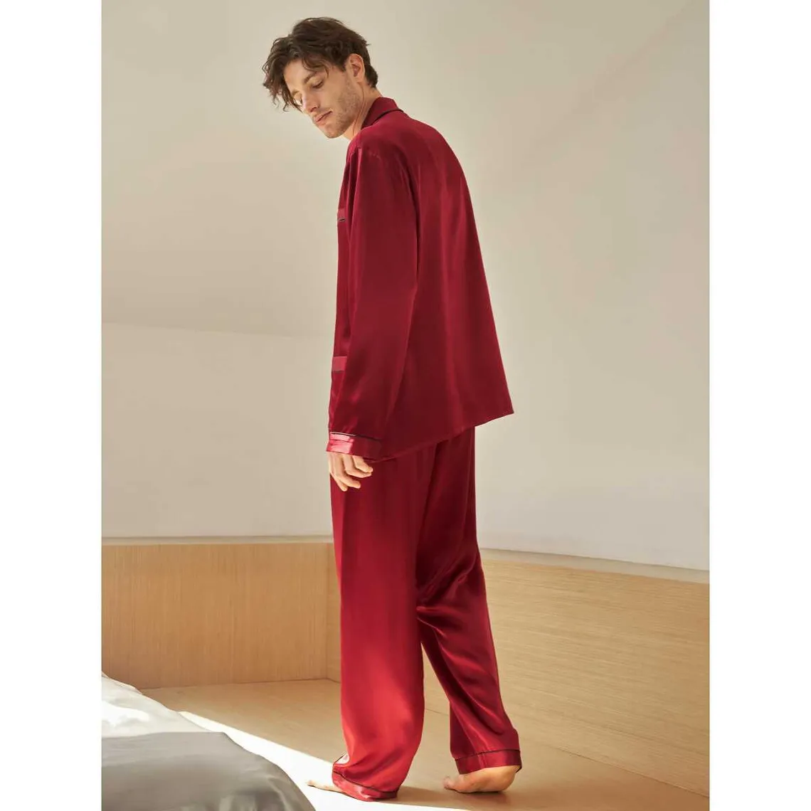 Ensemble De Pyjama En Soie Longue Bordure Contraste Pour Homme rouge | 3 Suisses