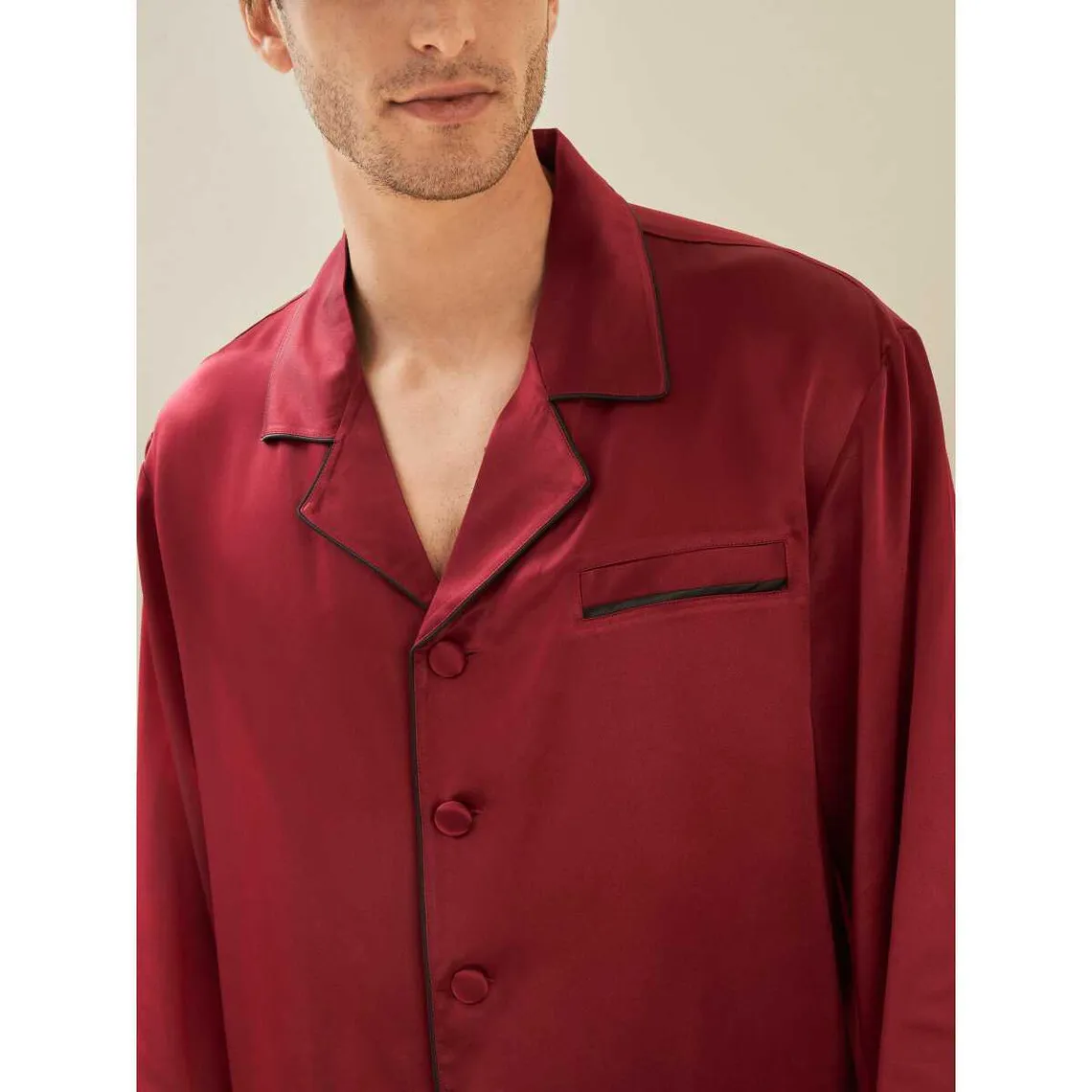 Ensemble De Pyjama En Soie Longue Bordure Contraste Pour Homme rouge | 3 Suisses