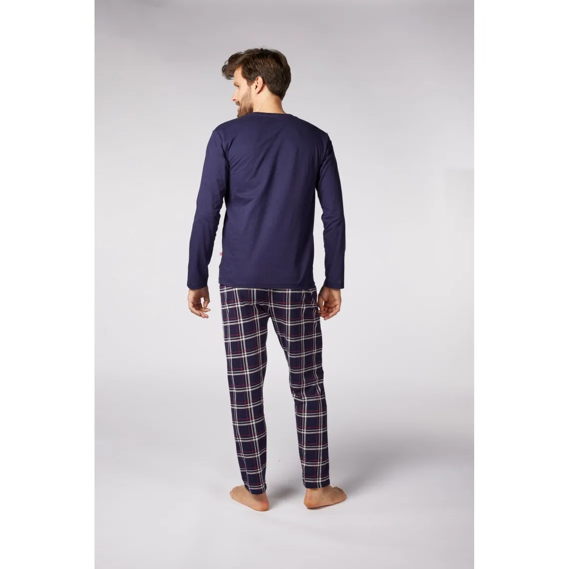 Ensemble Pyjama Long homme Bleu Marine Imprimé/ Bleu Marine à Carreaux Rouges en coton | 3 Suisses