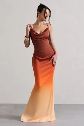 Fiji | Robe longue orange dégradé en satin avec décolleté drapé et bretelles croisées