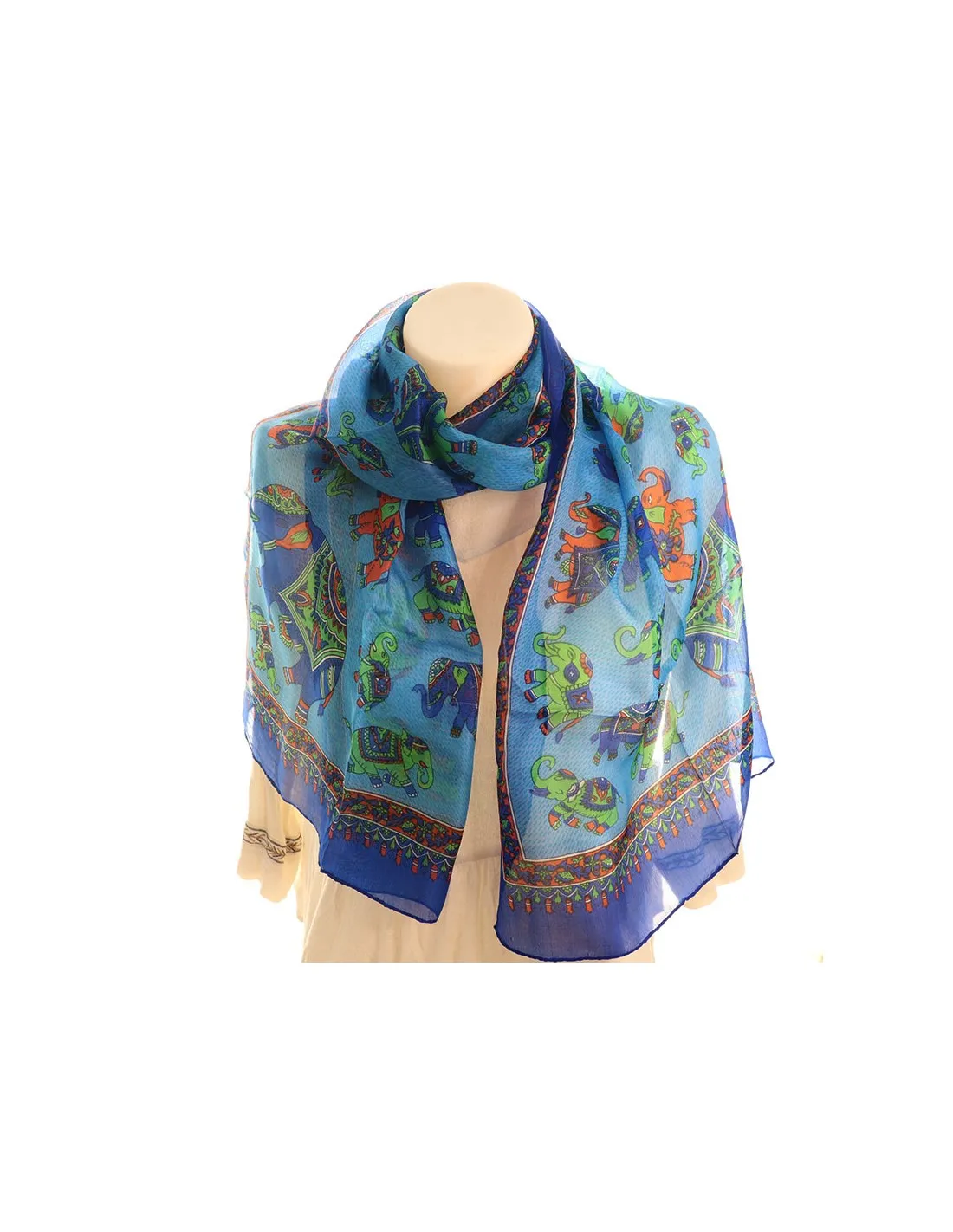 Foulard soie bleu motifs éléphants