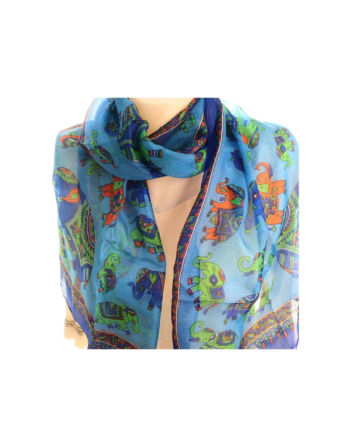 Foulard soie bleu motifs éléphants