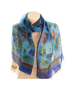 Foulard soie bleu motifs éléphants