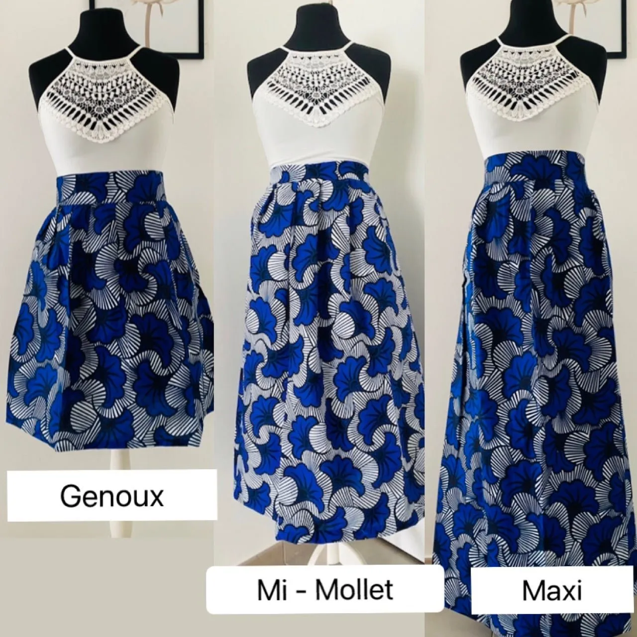 Jupe maxi en Wax - jupe africaine taille haute - tissu Wax fleurs de mariage bleu - Rouge