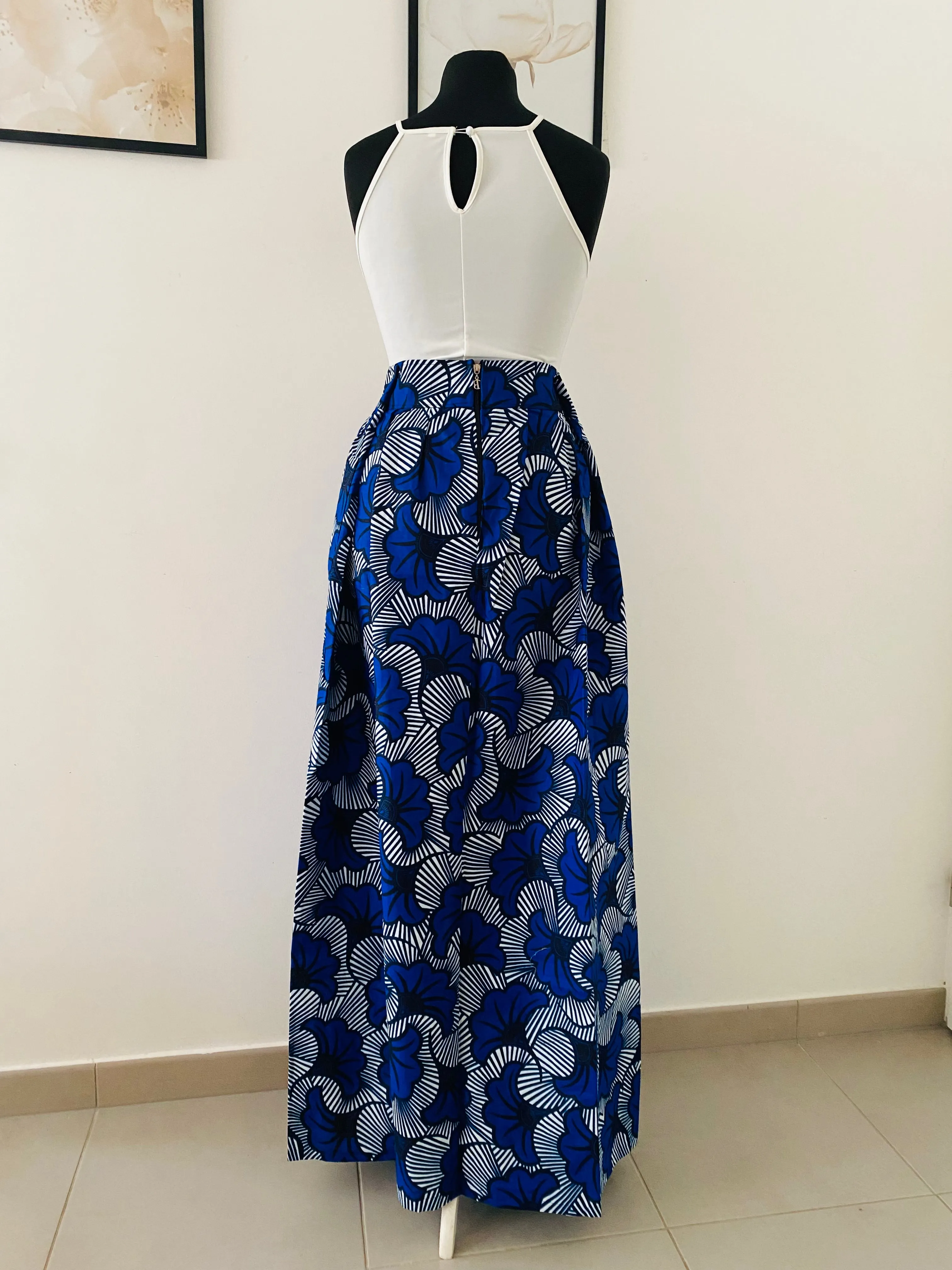 Jupe maxi en Wax - jupe africaine taille haute - tissu Wax fleurs de mariage bleu - Rouge