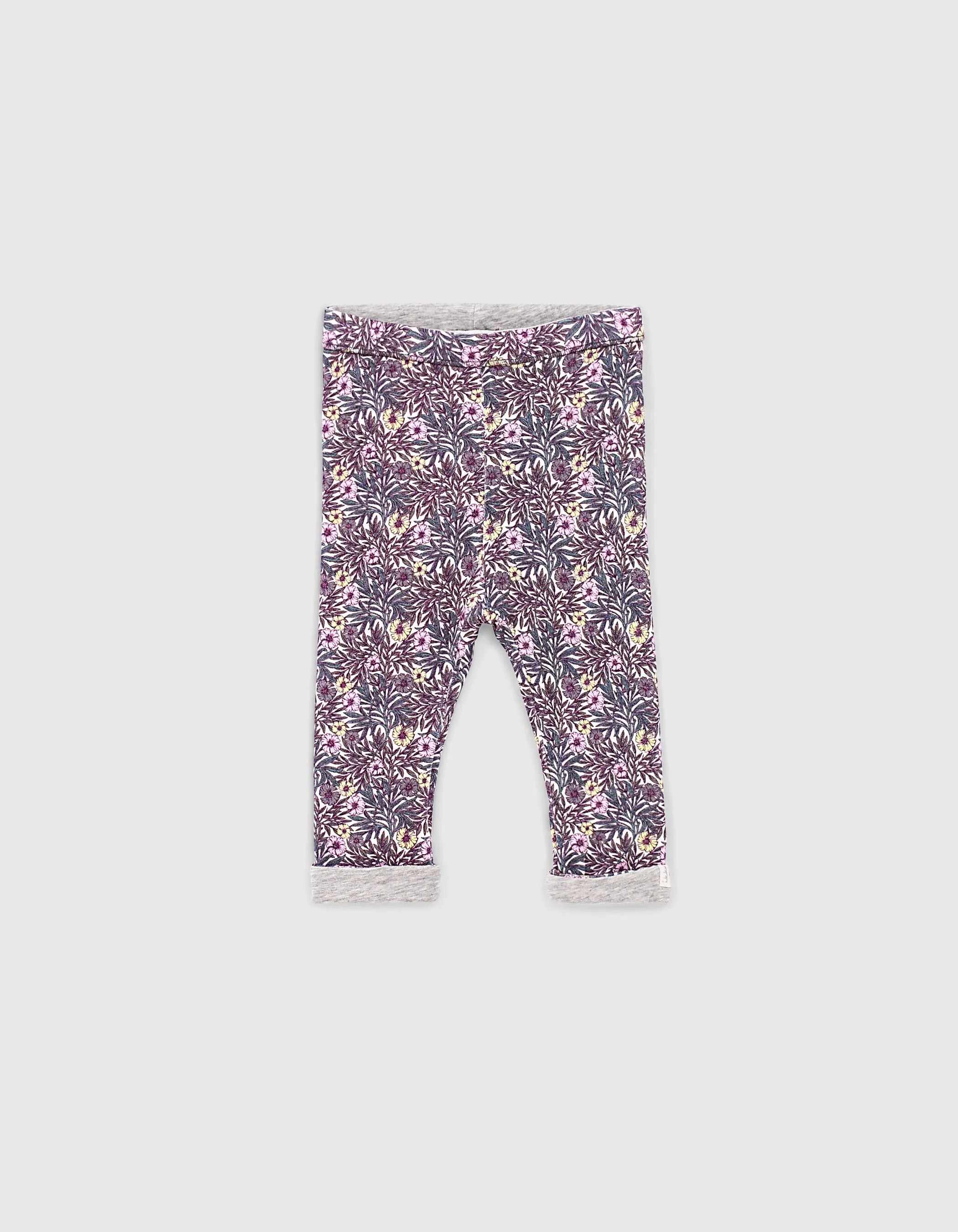 Leggings réversible imprimé végétal et gris bébé fille