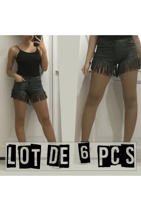 Lot de 6 shorts noir en simili avec poches et frange