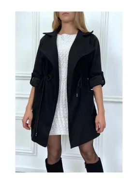 Manteau 3/4 noir avec ceinture lacet à la taille avec poches