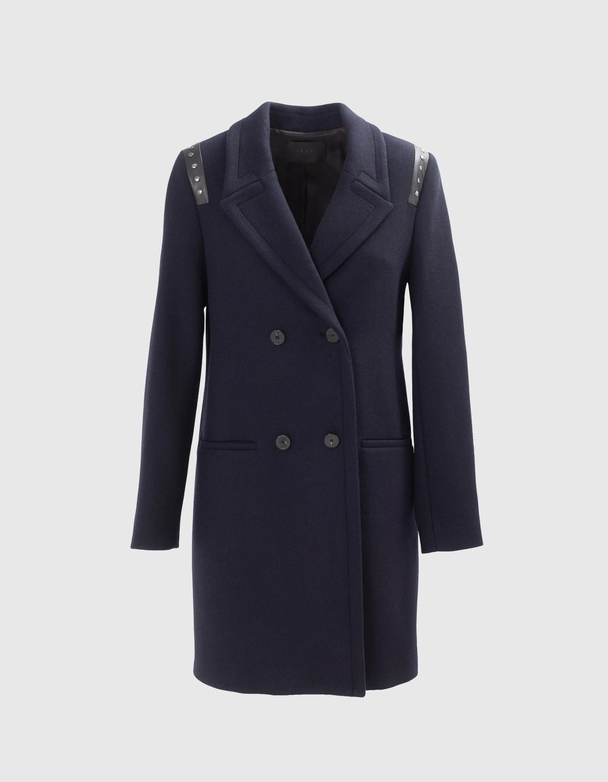 Manteau droit marine lainage décor clous Femme