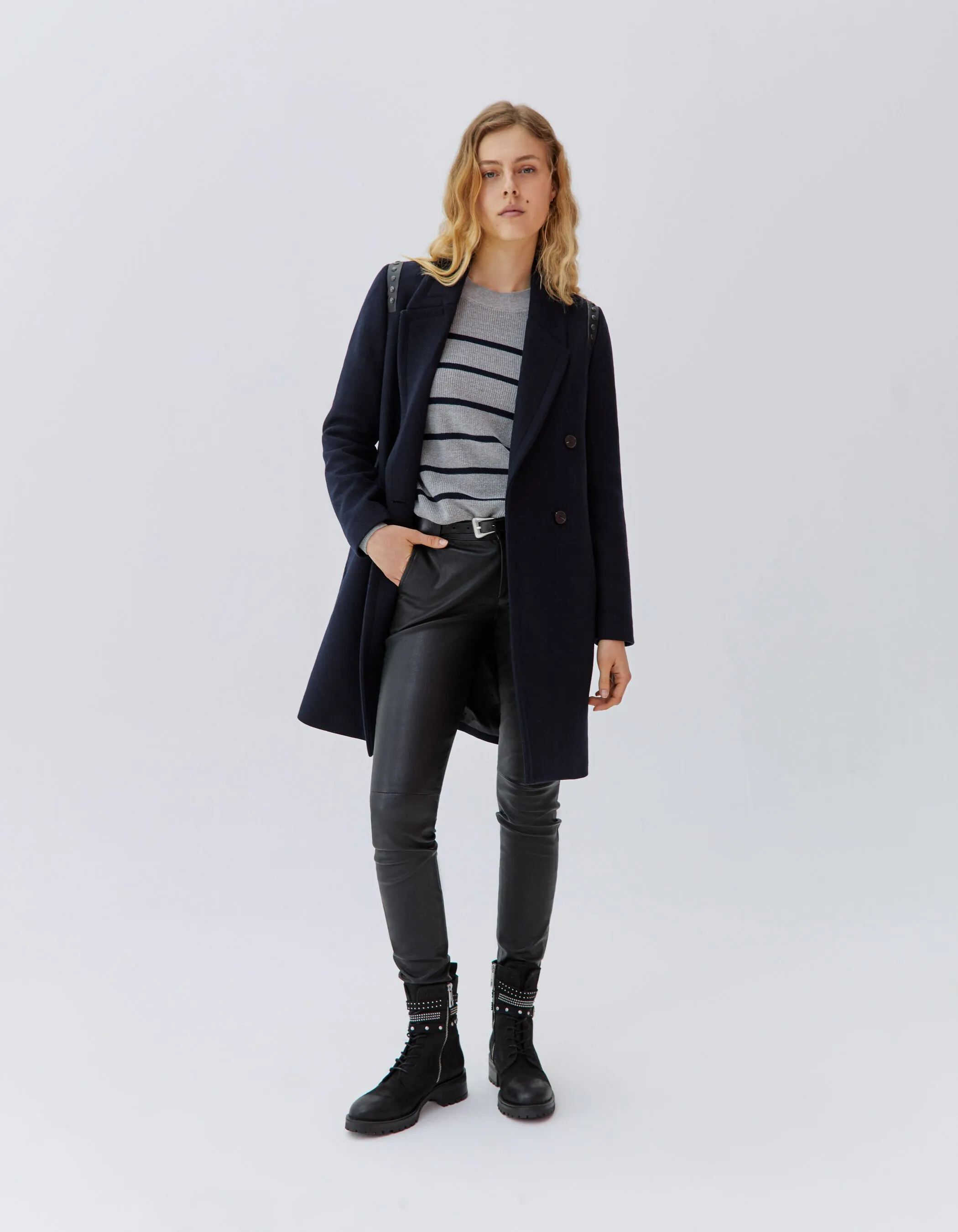 Manteau droit marine lainage décor clous Femme