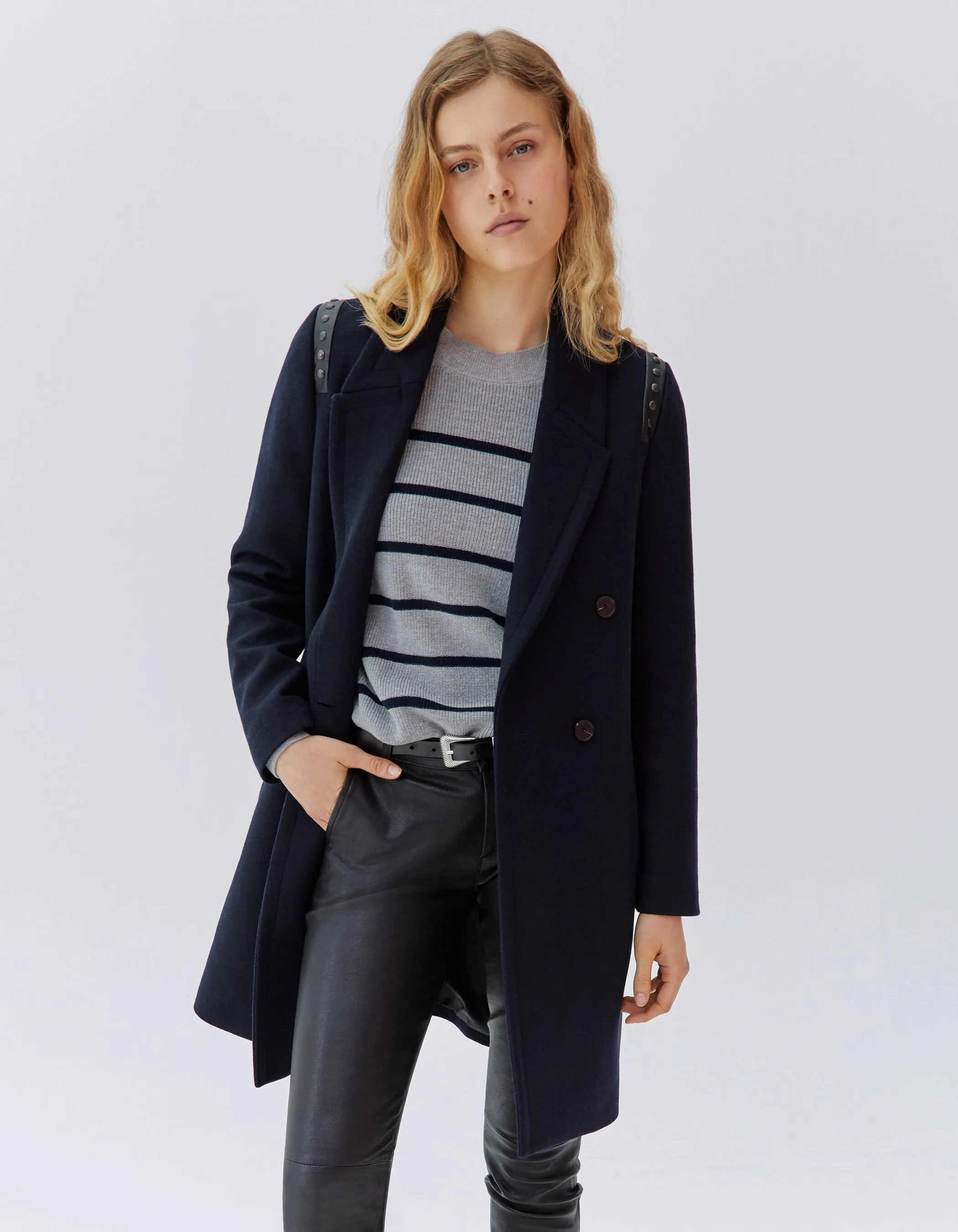 Manteau droit marine lainage décor clous Femme