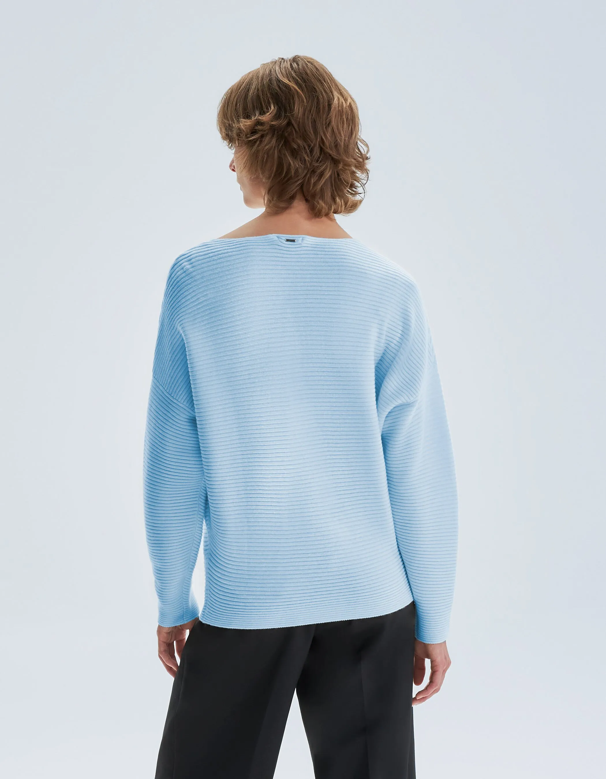 Pull bleu tricot côtelé col bateau Femme