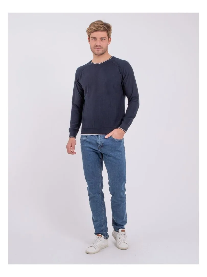 Pull col rond pur coton AMATEO - Bleu marine