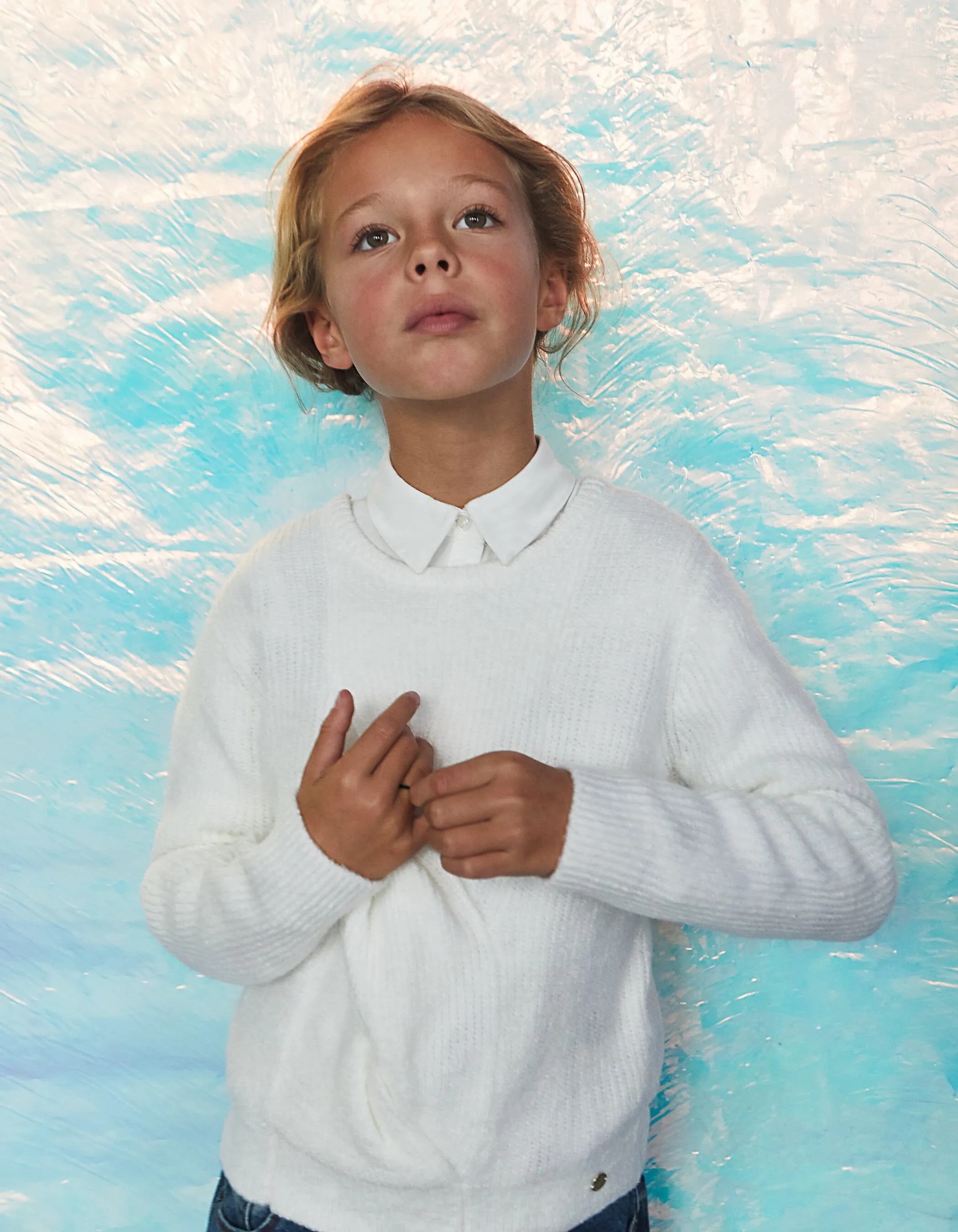 Pull en maille moulinée blanc cassé fille