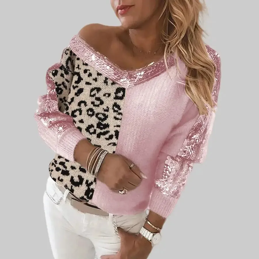 Pull Léopard Rose à Paillettes