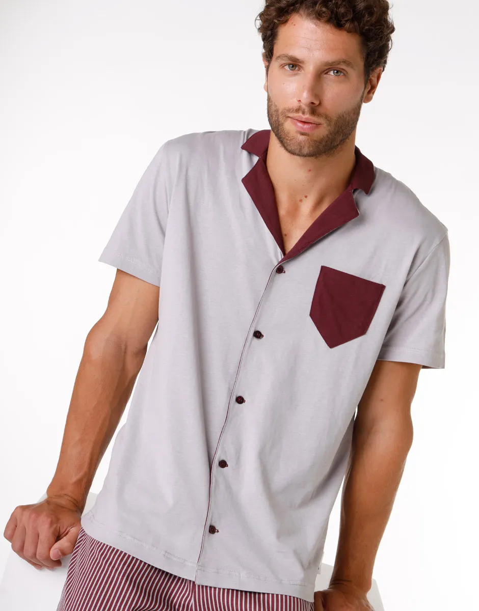 Pyjama court pour homme en 100 % coton, gris et bordeaux