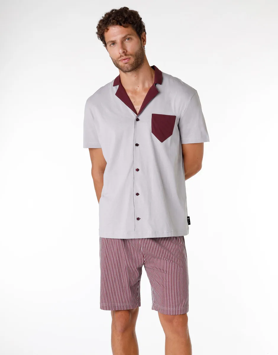 Pyjama court pour homme en 100 % coton, gris et bordeaux