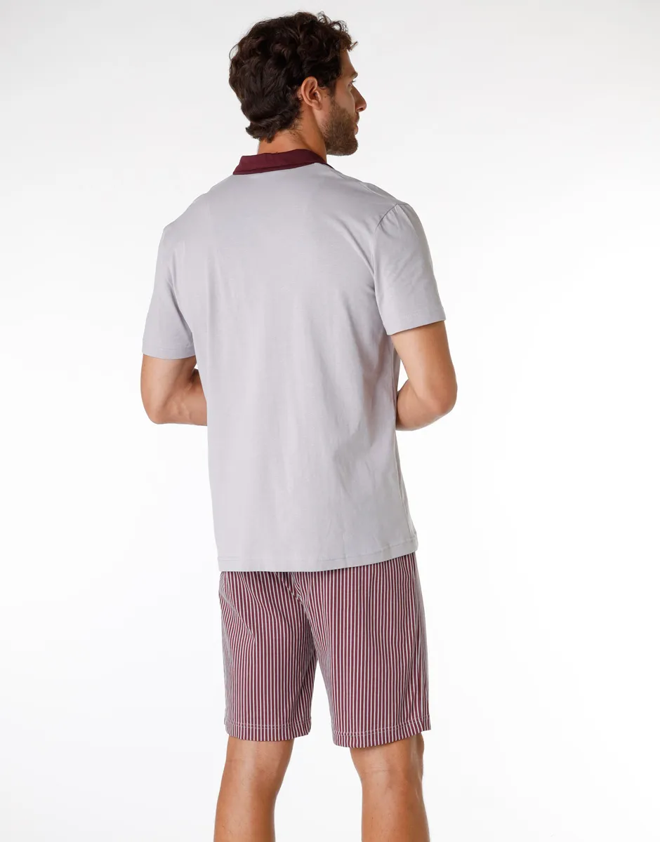 Pyjama court pour homme en 100 % coton, gris et bordeaux