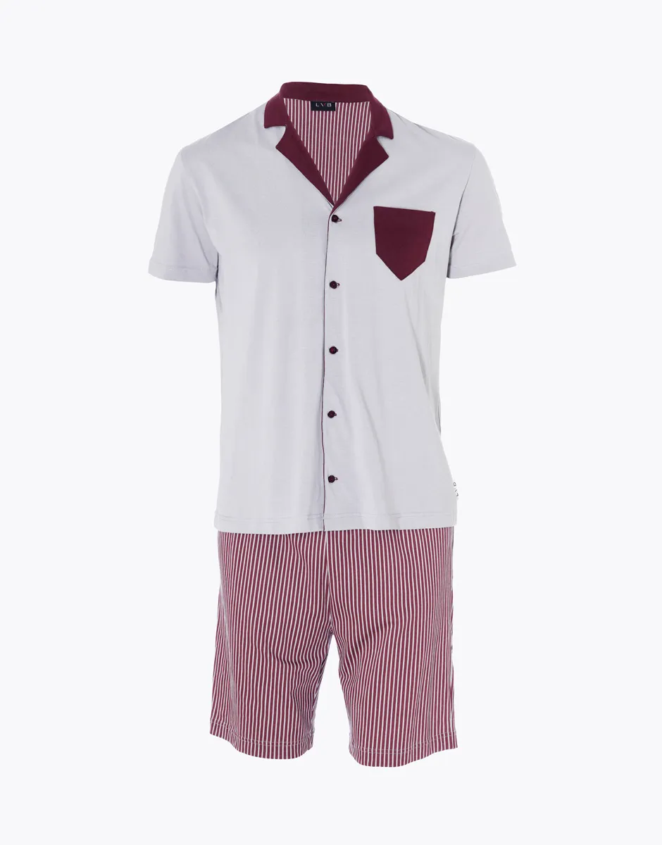 Pyjama court pour homme en 100 % coton, gris et bordeaux