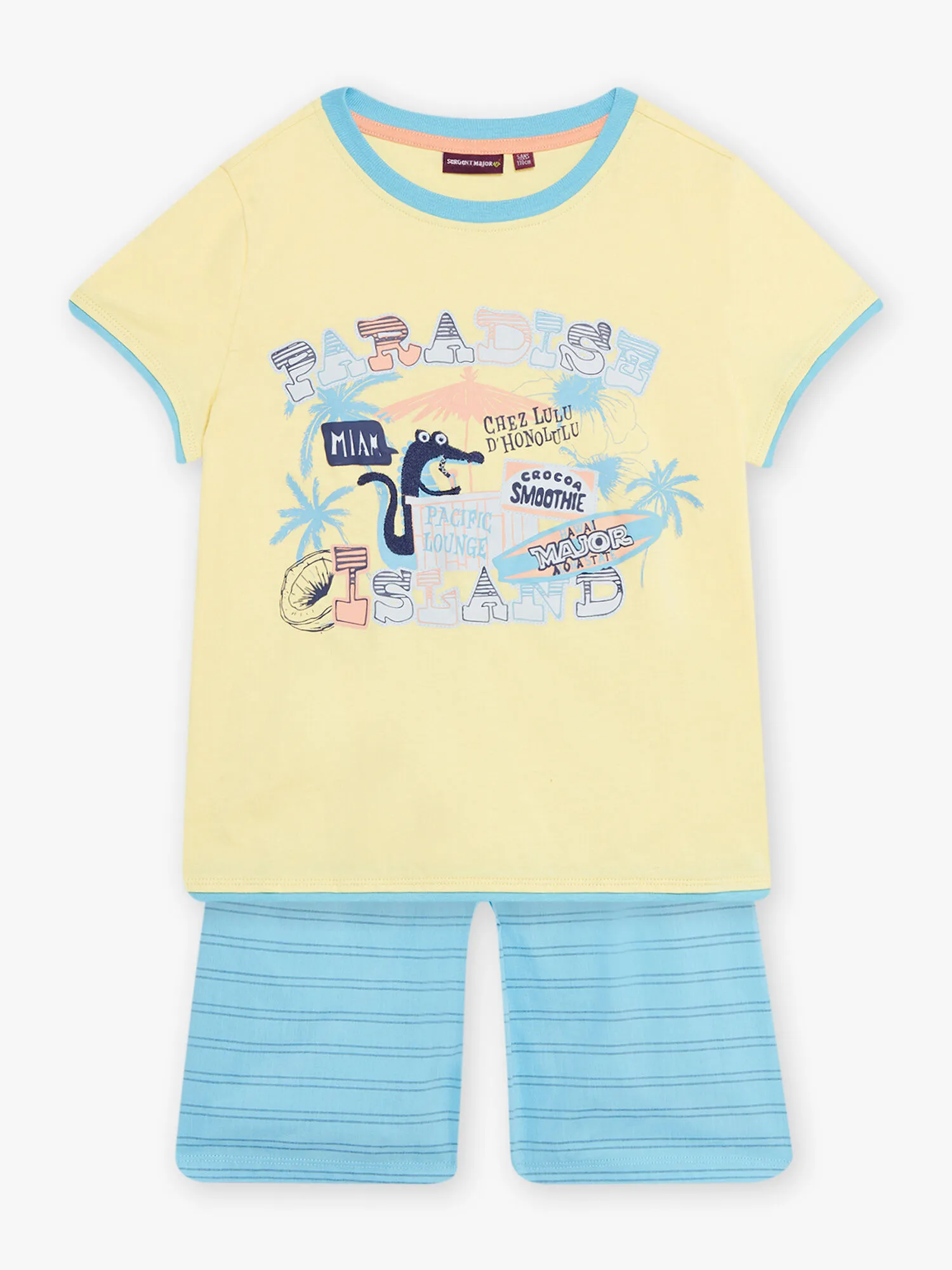 Pyjama jaune fluo et bleu à motif crocodile à la plage enfant garçon