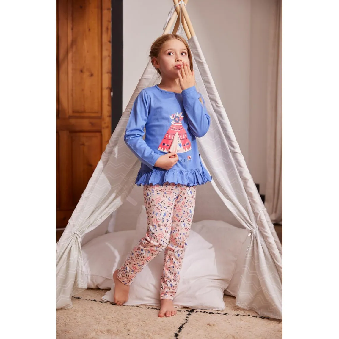 Pyjama Long fille en Coton - Bleu Imprimé / Nude Imprimé - Tipi | 3 Suisses