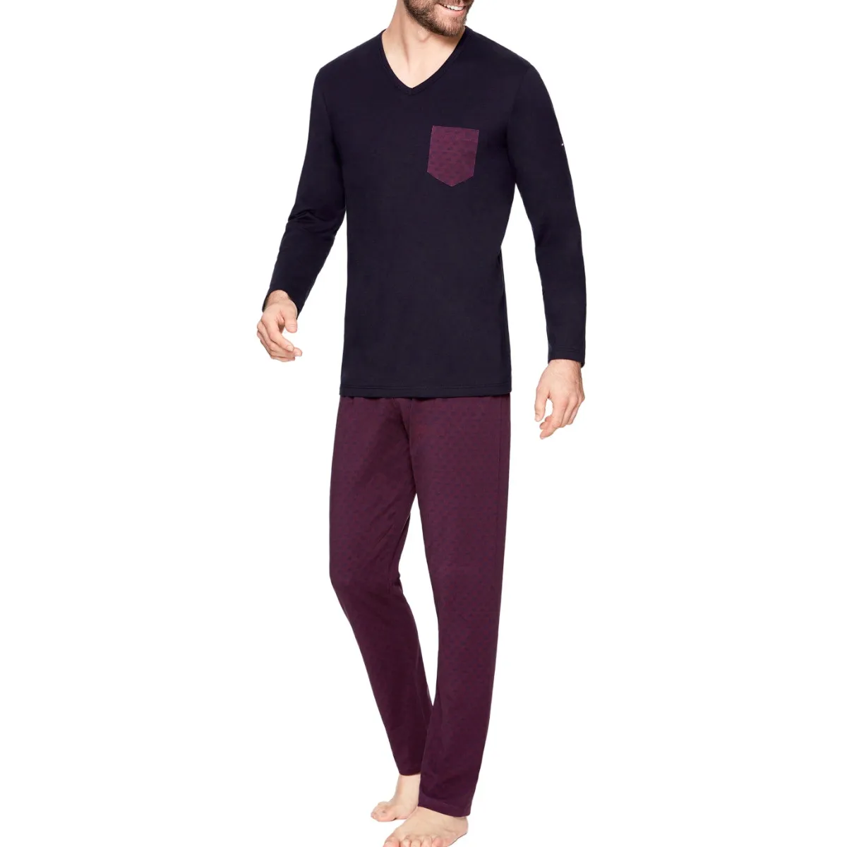 Pyjama long homme bleu marine et bordeaux en coton par Eden Park