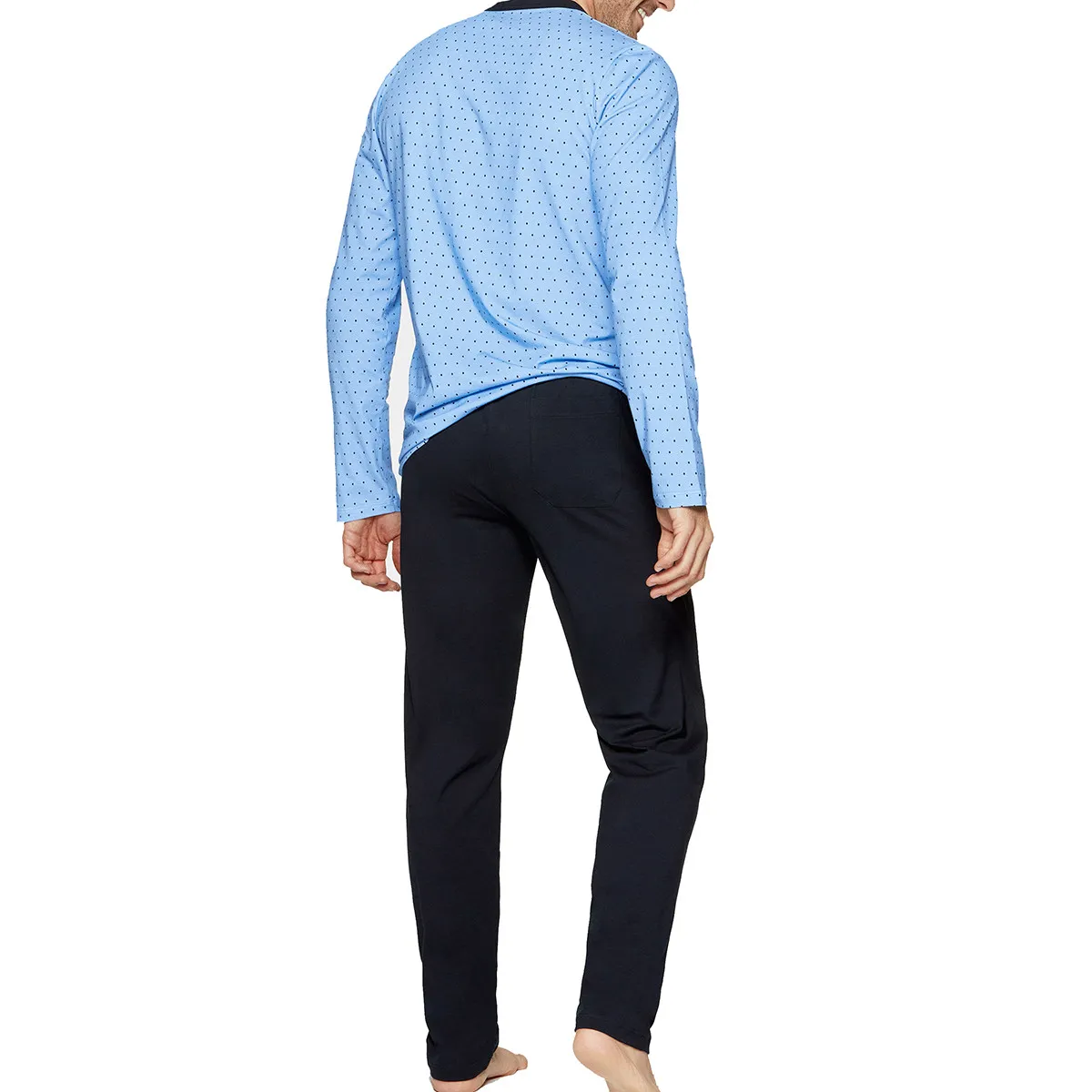 Pyjama long homme moderne col V bleu ciel a pois signé Eden Park