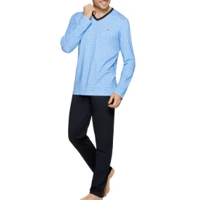 Pyjama long homme moderne col V bleu ciel a pois signé Eden Park