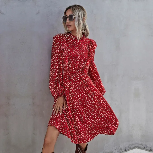 Robe Fleurie Col Montant Rouge